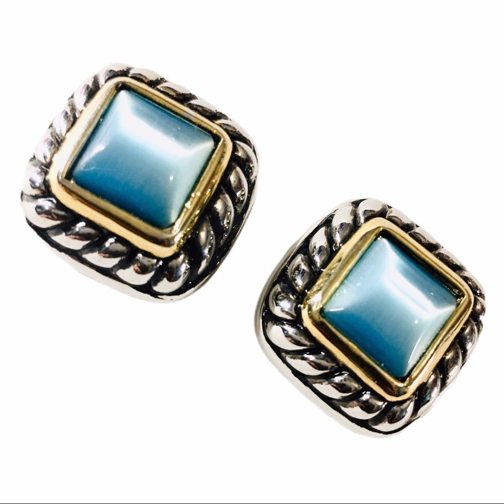 Vintage Silver Gold Tone clip on Earrings Blue Moon Stone 1005